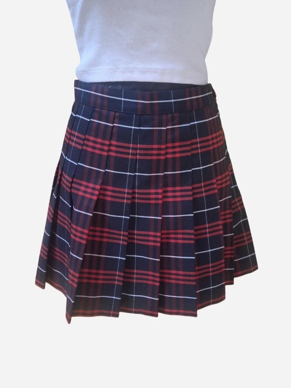 American Apparel Navy and Red Plaid Pleated Skater Skirt